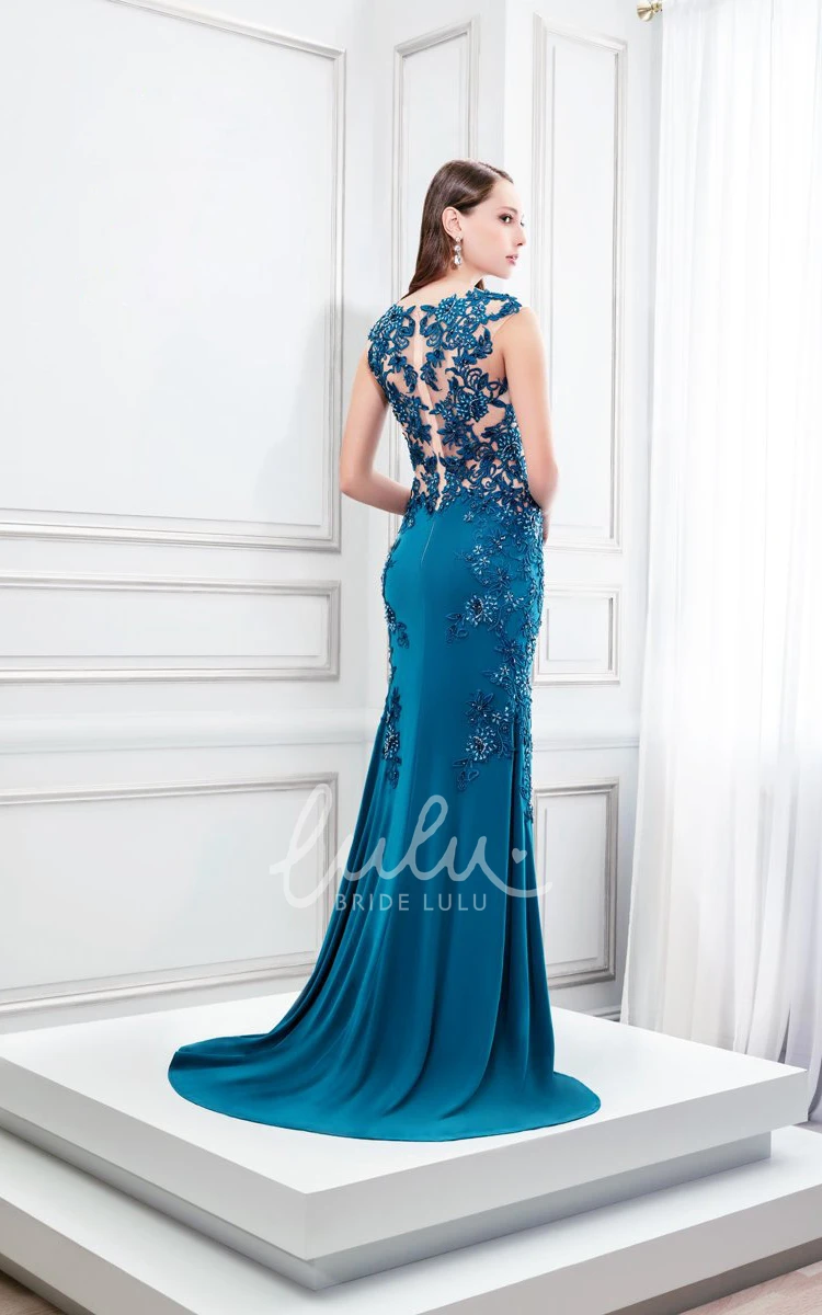 Cap Sleeve Jersey Prom Dress with Appliqued Bateau Neckline