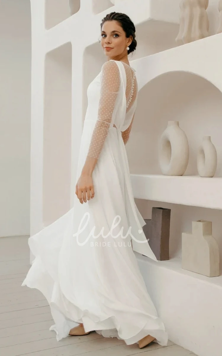 Simple Modest A-Line Bateau Maxi Wedding Dress with Sleeves Elegant Romantic Illusion Pearl Buttton Back Polka Dots Bridal Gown