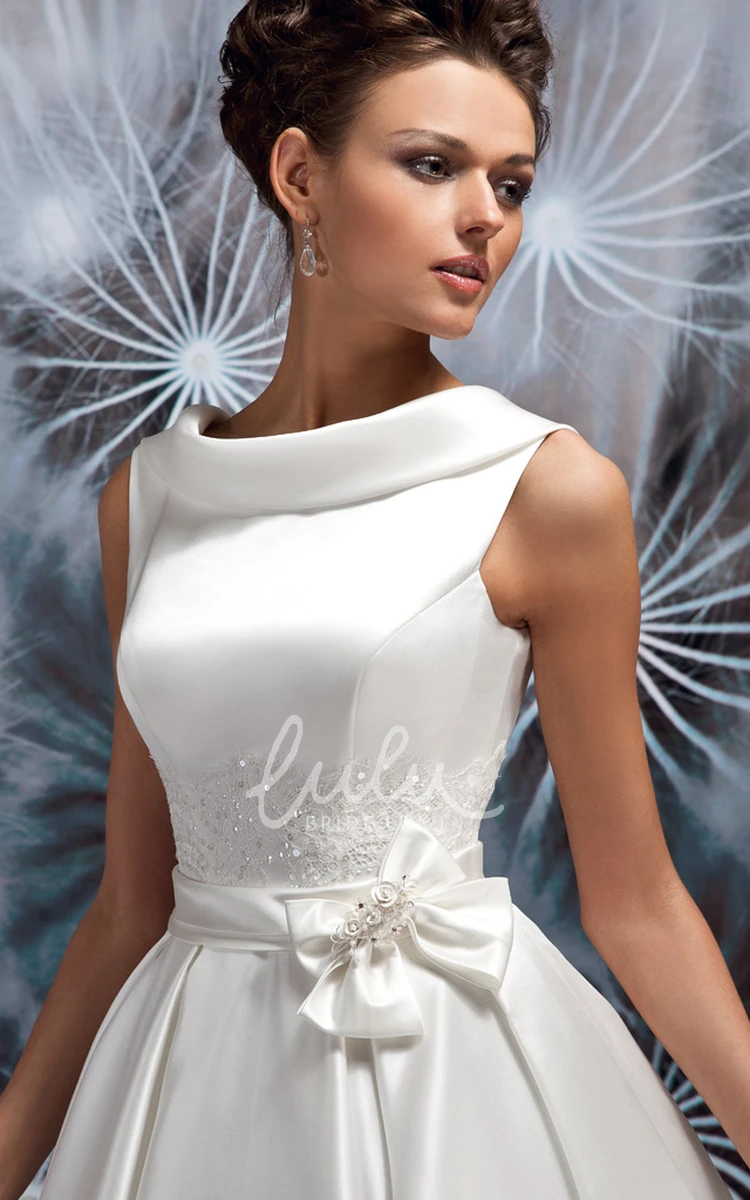 Satin Wedding Dress with Beading and Bowed Sleeveless A-Line Floor-Length