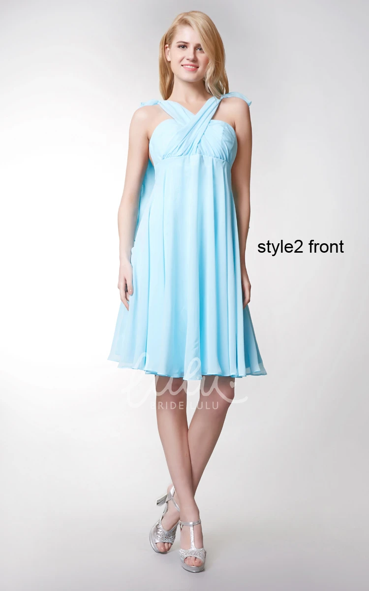 Sleeveless Chiffon Bridesmaid Dress with Convertible Straps Pleated & Short