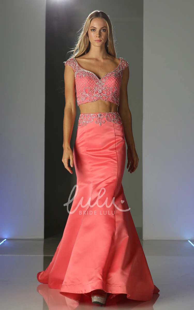 Mermaid V-Neck Cap-Sleeve Satin Prom Dress With Beading and Sweep Train