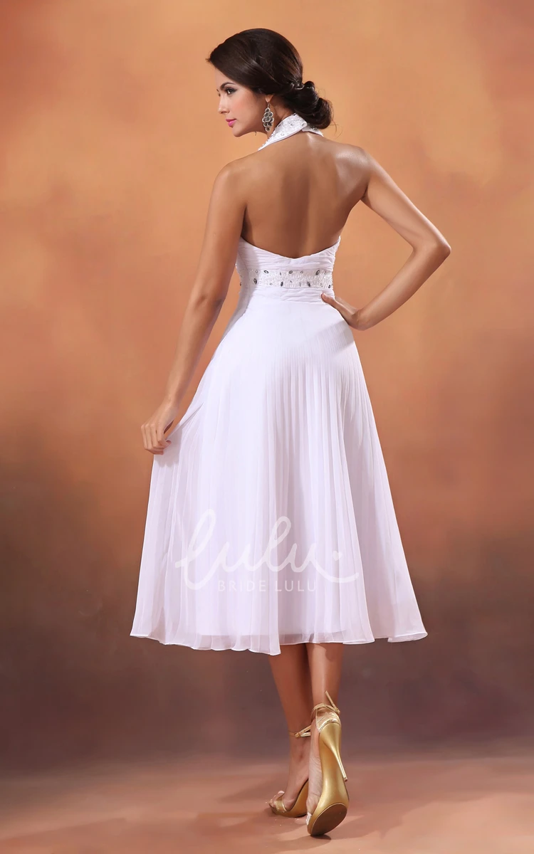 A-Line Halter Chiffon Wedding Dress with Crystal Detailing Tea-Length Wedding Dress