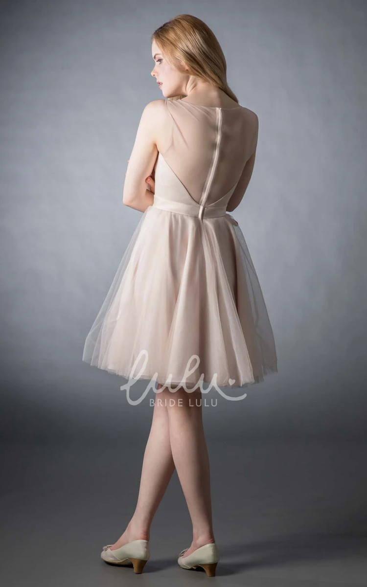 A-Line V-Neck Jeweled Tulle Bridesmaid Dress Sleeveless Short Button