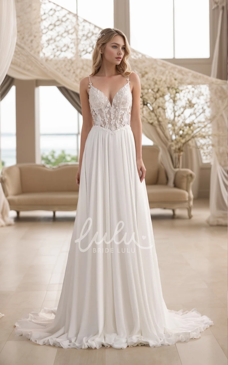 Ethereal Romantic Spaghetti A-Line V-neck Lace Appliques Chiffon Wedding Dress Sexy Elegant Beach Sleeveless Floor-length with Train Backless Zipper Bridal Gown