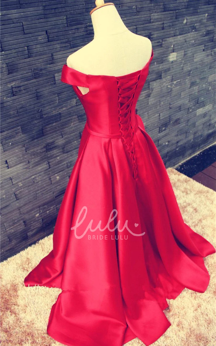 Red Off-the-Shoulder Prom Dress with Bowknot and Lace-up Elegant