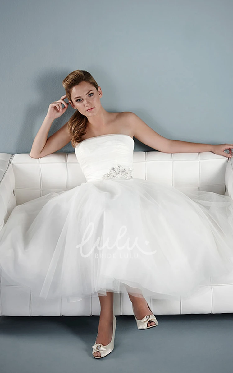 Jeweled Tulle Tea-Length Wedding Dress in A-Line Style