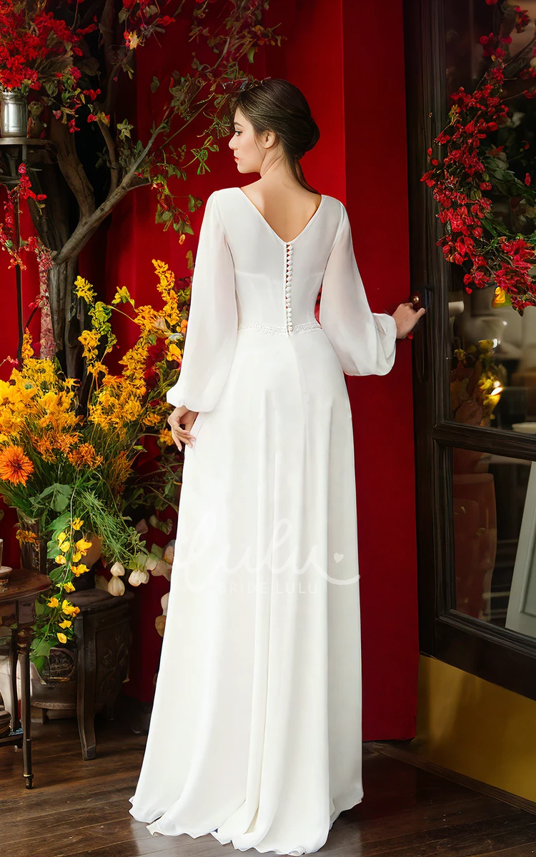 Floor-length Long Sleeve Sexy Split V-neck A-Line Simple Garden Wedding Dress with V Back