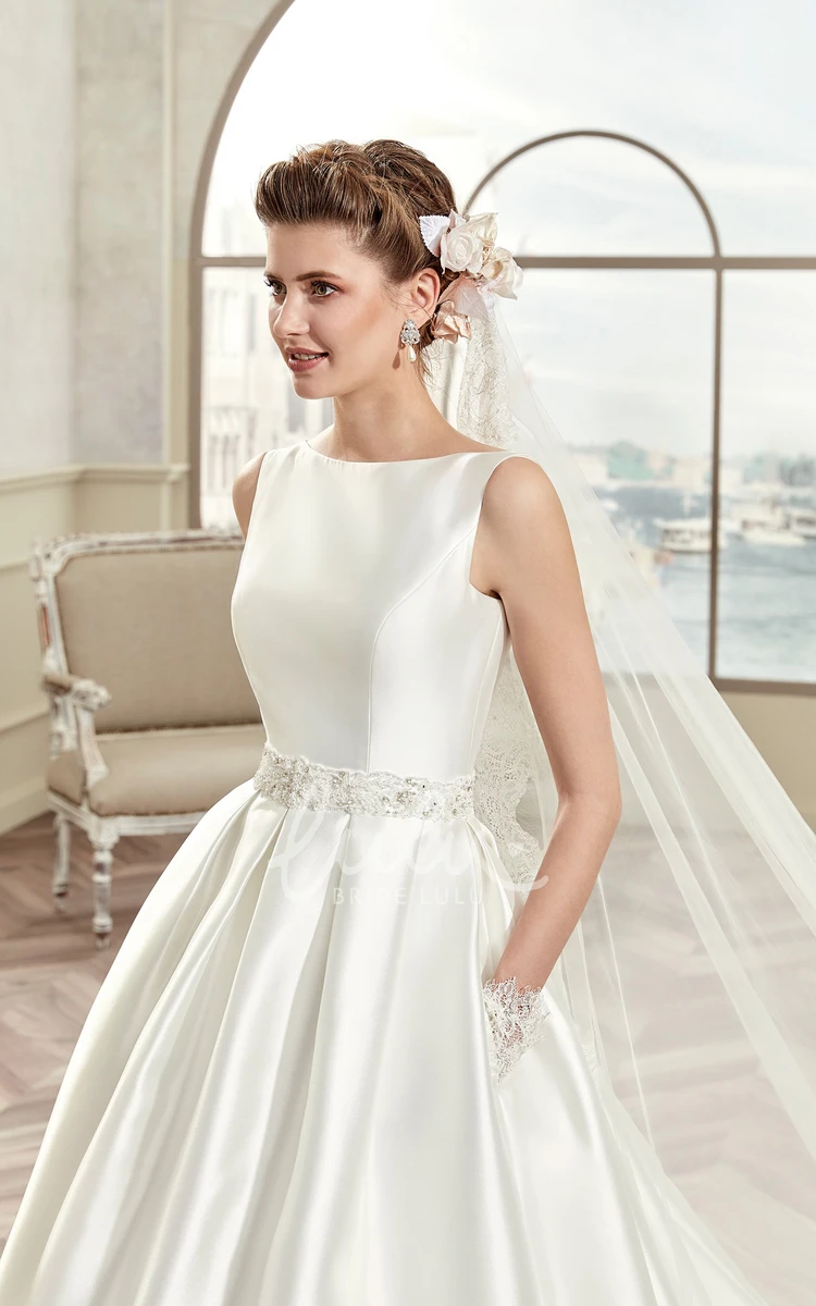 Satin A-Line Wedding Dress with Jewel-Neck and Illusive Lace Back Cap Sleeves