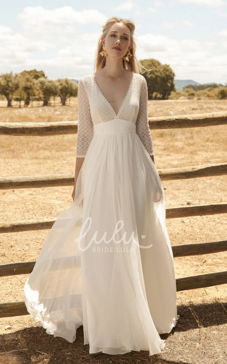 Ethereal Lace Top Chiffon Plunging Wedding Dress with 3/4 Sleeves