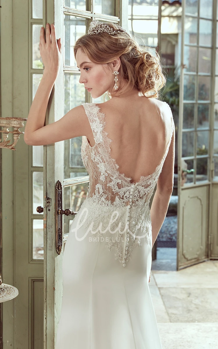 Illusive Lace Cap-Sleeve Sheath Wedding Dress with Open Back