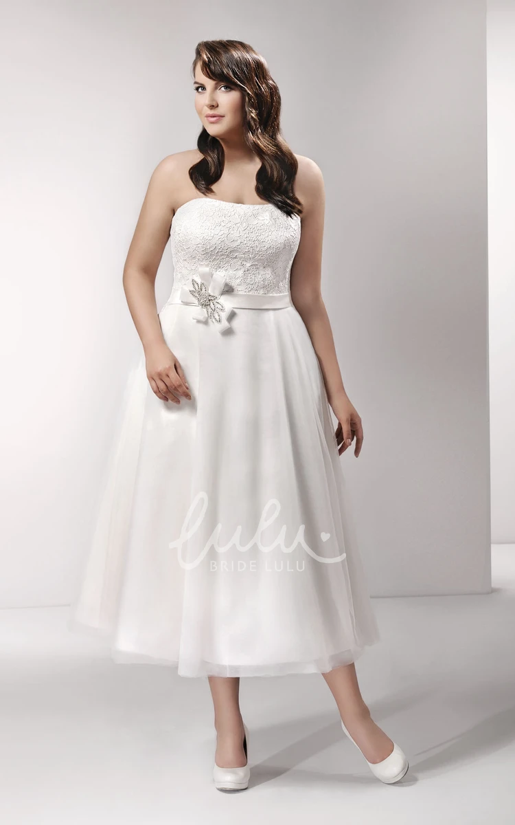 Lace Bow Tea-Length Wedding Dress with Strapless Design