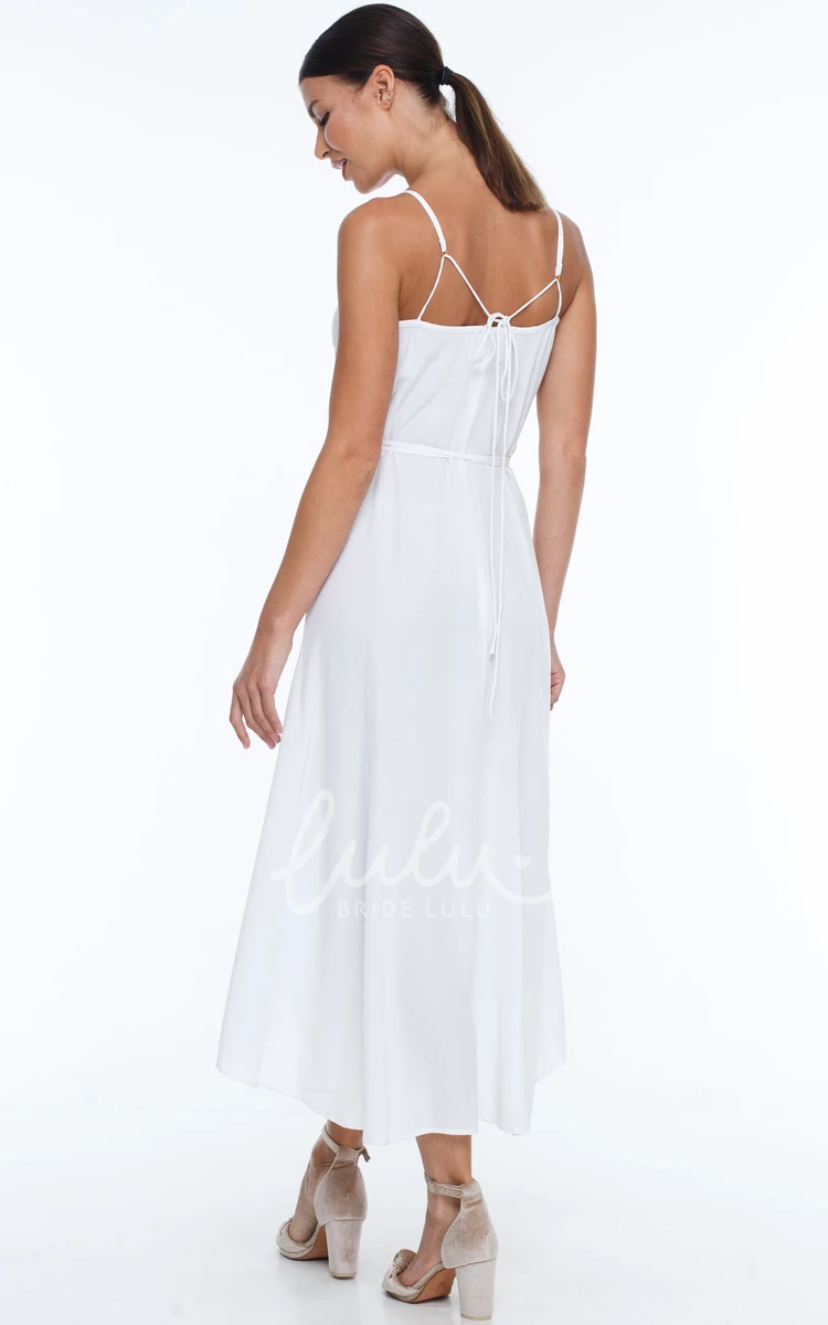 Split Front A-Line Charmeuse Bridesmaid Dress with Spaghetti Straps and Sash Informal Dress