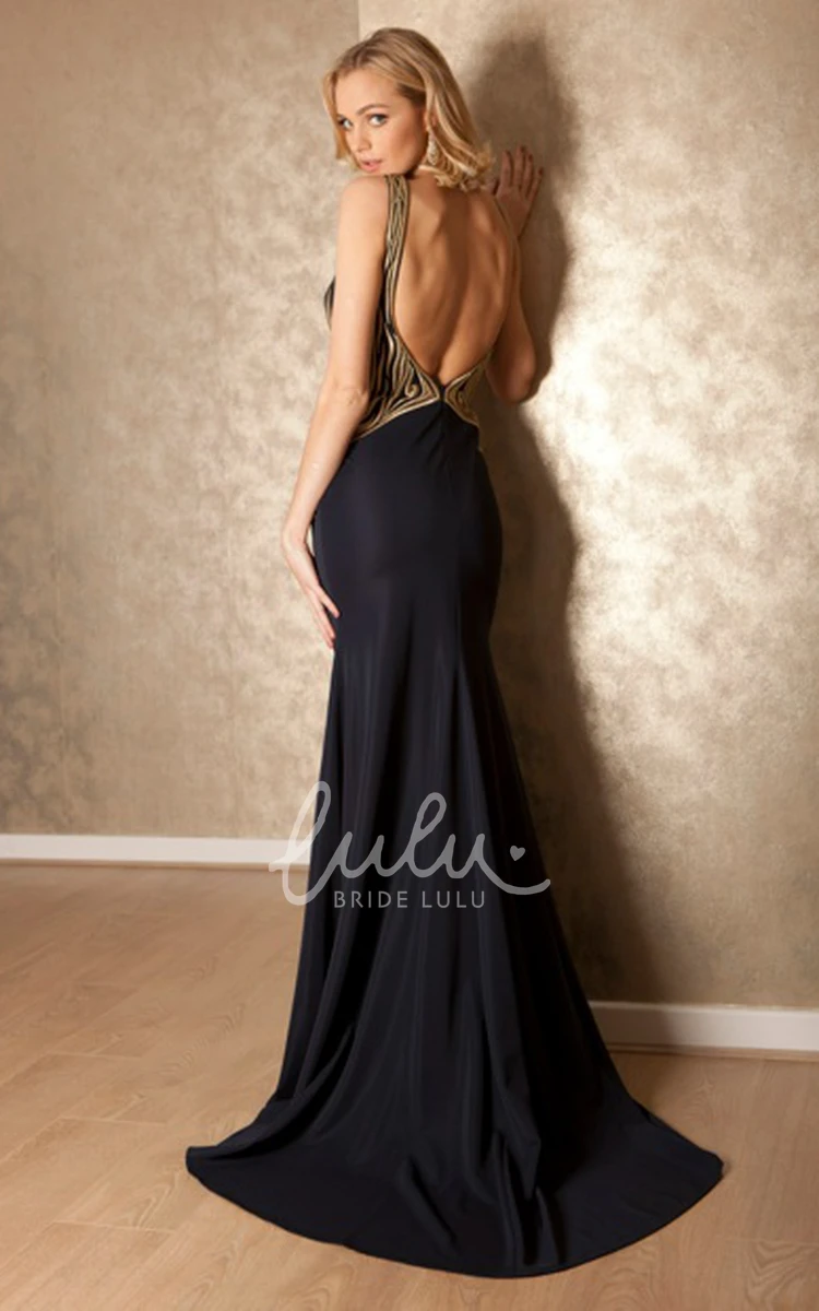 Brush Train Sleeveless Jersey Prom Dress Long Scoop Sheath with Backless Style