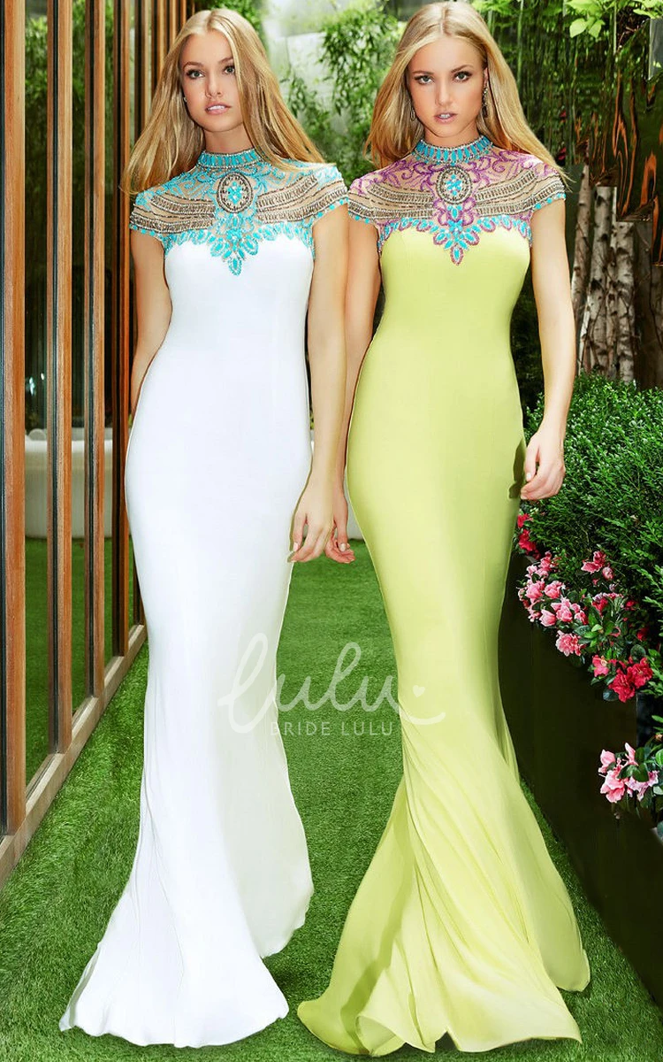 Jersey Mermaid Cap Sleeve Prom Dress with High Neck and Beading