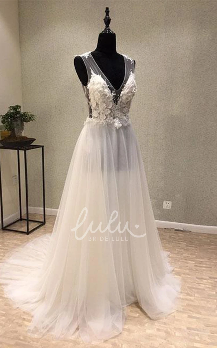 Enchanting Sleeveless V-neck Tulle Wedding Dress with Appliques Elegant Bridal Gown