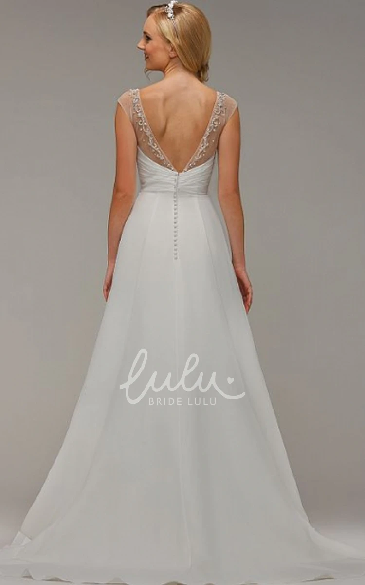 V-Neck Ruched Satin Wedding Dress with Brush Train and Lace-Up Floor-Length