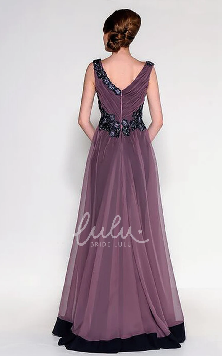 Beaded Satin and Tulle Floor-Length Prom Dress with Ruched V-Neck