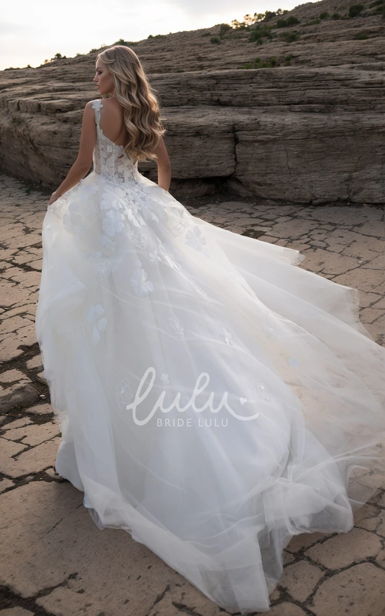 Elegant A-line Floral Lace Beach Wedding Dress Tulle Sleeveless Straps Train Gown