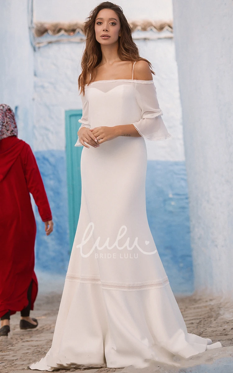 Casual Off-the-shoulder Sheath Chiffon Wedding Dress Simple Sweep Train Beach