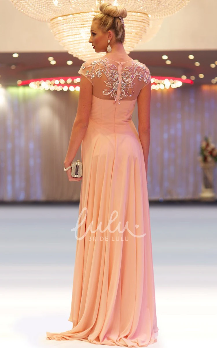 Beaded Chiffon Prom Dress Cap-Sleeve Floor-Length Jewel-Neck Empire A-Line