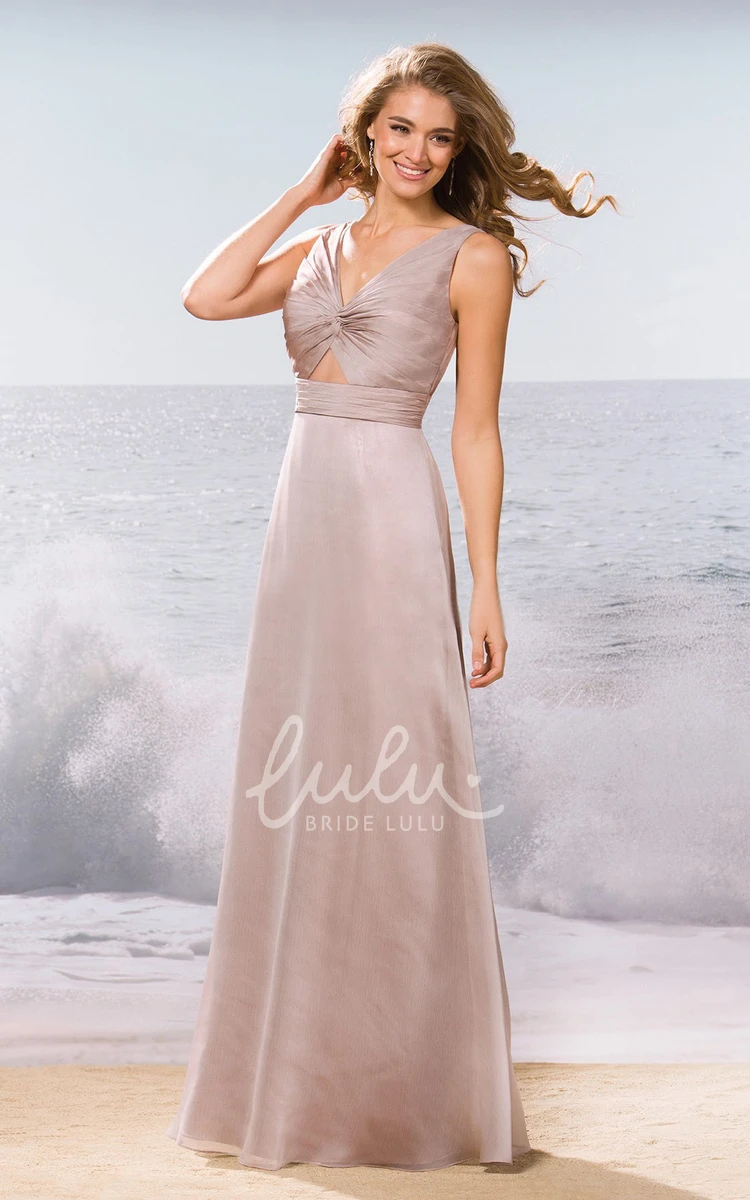 V-Neck Bridesmaid Dress with Ruches Sleeveless Long Keyhole