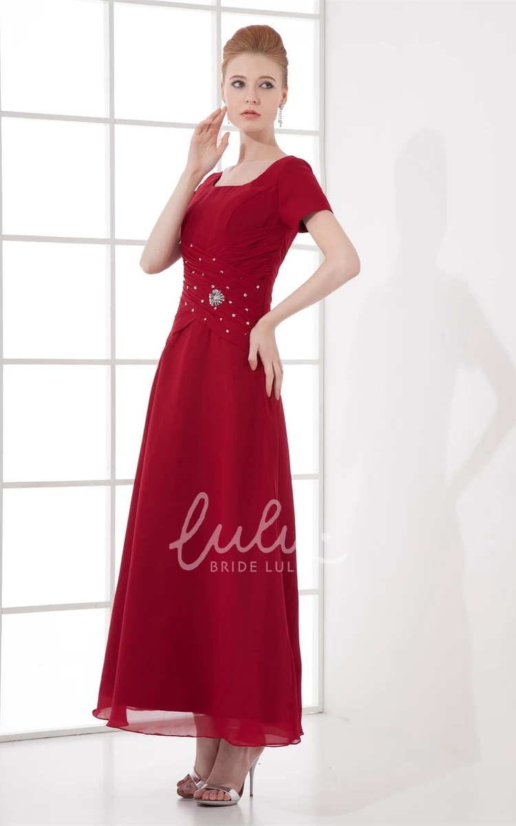 Short Sleeve Square Neck Bridesmaid Dress with Broach and Ruching Ankle Length