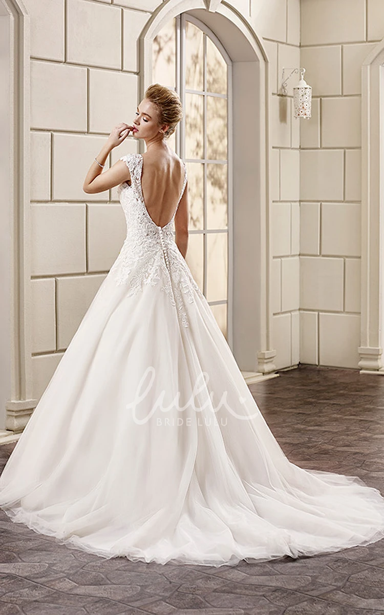 Cap-Sleeve V-Neck A-Line Wedding Dress with Lace and Satin