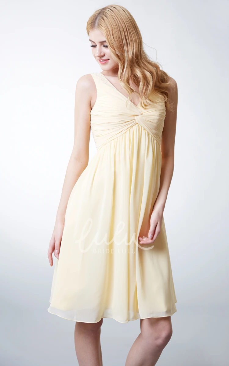 Empire V-Neckline Knee-length Chiffon Dress with Pleats Casual and Beachy