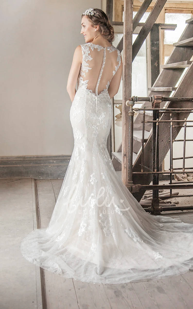 Appliqued Tulle & Lace Wedding Dress with Court Train and Illusion Straps Floor-Length Bridal Gown
