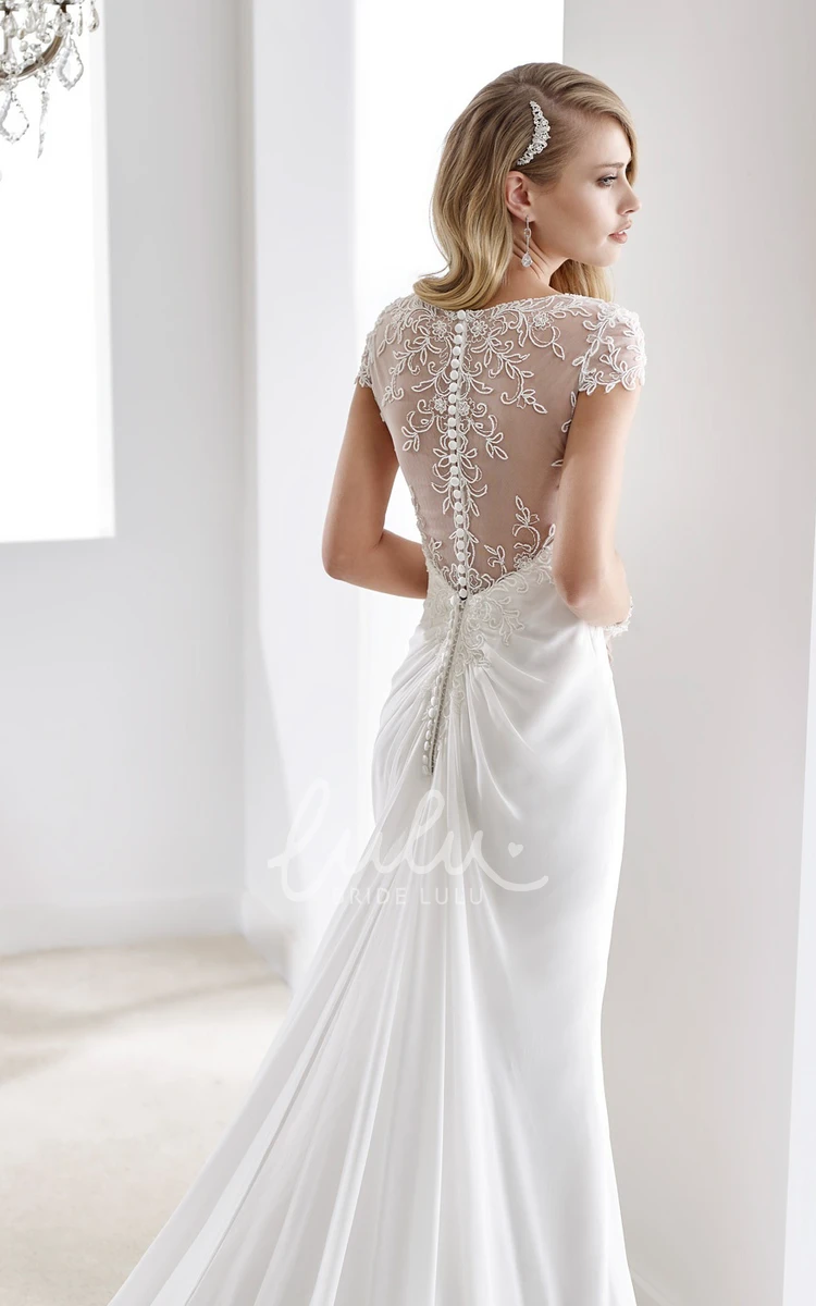 Sheath Chiffon Wedding Dress with Illusive Sleeves V-Neck & Bandage Waist