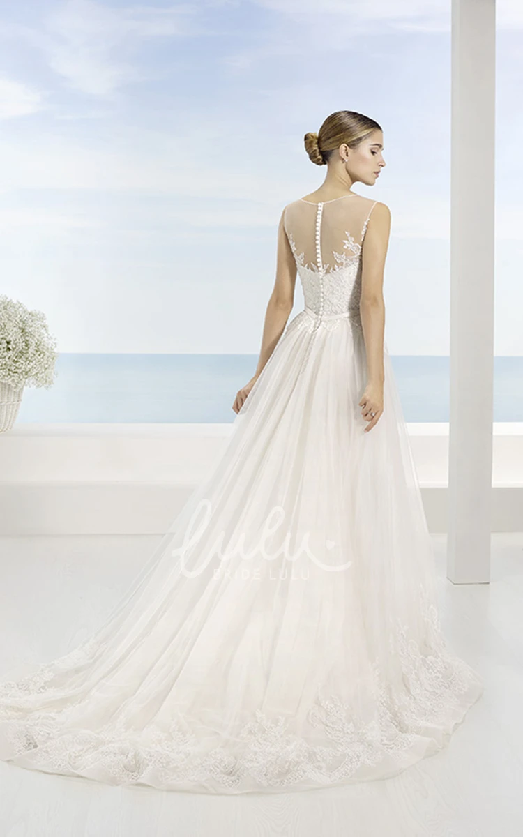 Long Sleeveless Tulle Wedding Dress with Appliques & Illusion Back A-Line