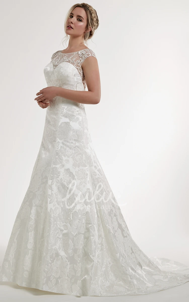 Embroidered A-Line Cap-Sleeve Satin Wedding Dress with Illusion Back Elegant Wedding Dress