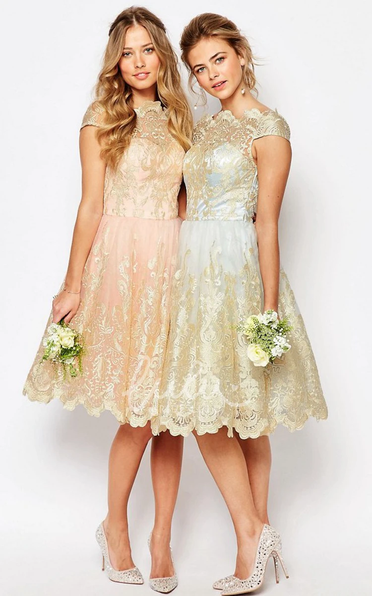 Midi Cap-Sleeve Lace Bridesmaid Dress with Appliques in A-Line Style