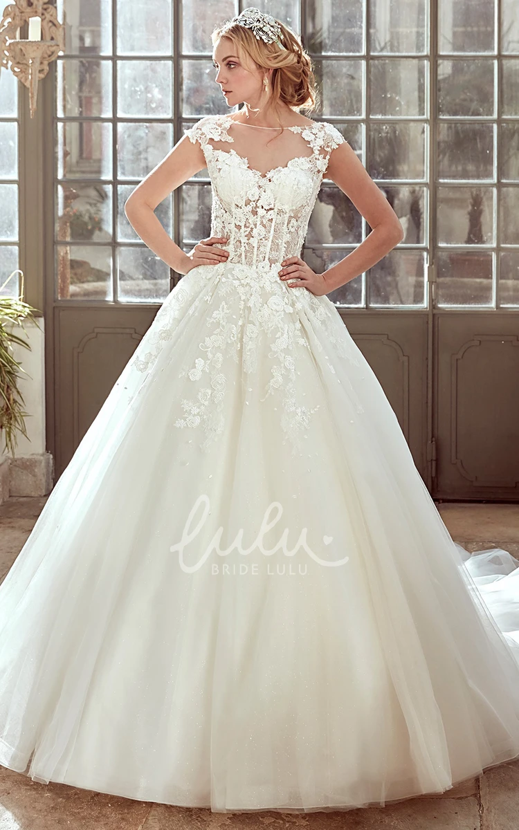 Cap-Sleeve Wedding Dress with Pleated Tulle Skirt and Lace Corset Flowy Wedding Dress Women 2024