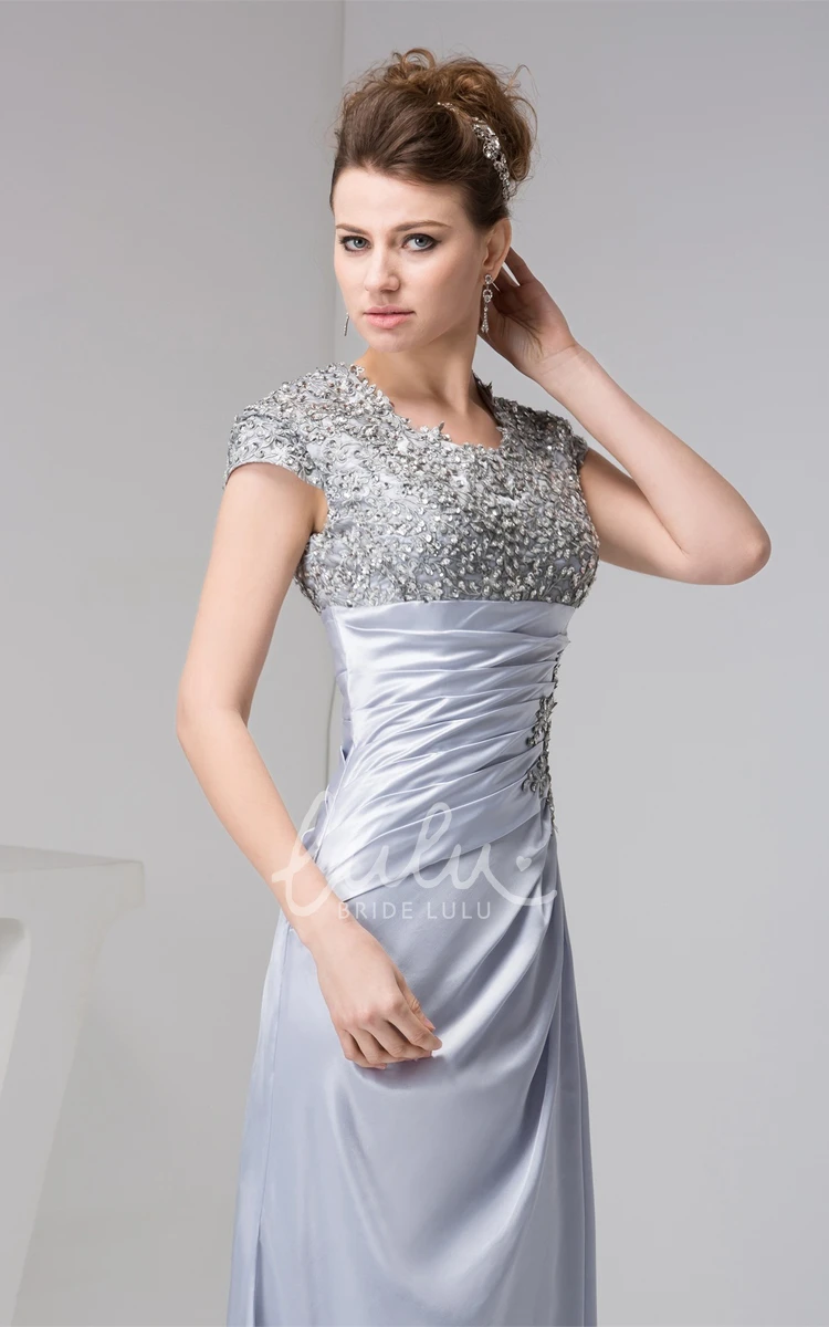 Jeweled Sheath Dress with Ruched Cap Sleeves