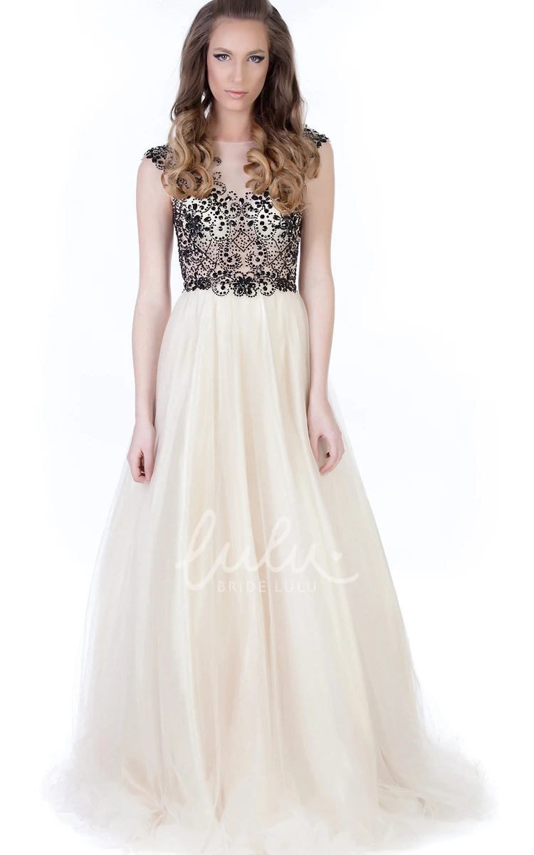 A-Line Maxi Beaded Cap-Sleeve Tulle Prom Dress With Pleats Beaded Maxi Tulle Prom Dress