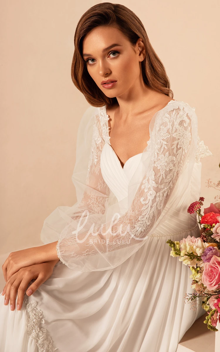 Illusion Long Sleeve A-line Chiffon Wedding Dress with Criss Cross Ethereal and Graceful