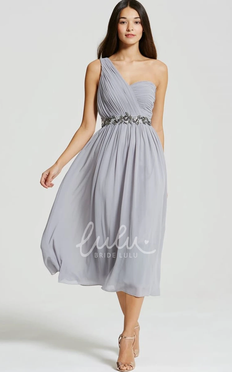 Ruched One-Shoulder Chiffon Bridesmaid Dress Tea-Length