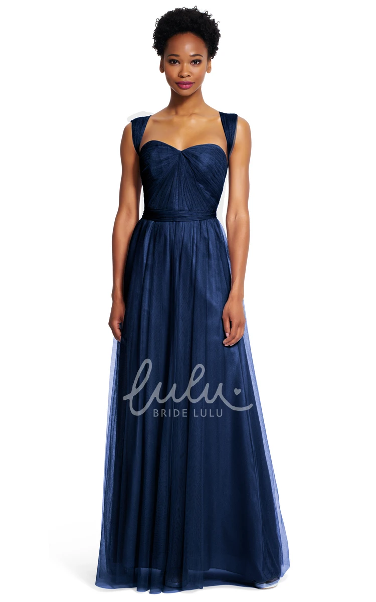 Strapped Sleeveless Tulle A-Line Bridesmaid Dress Long and Ruched with Sash