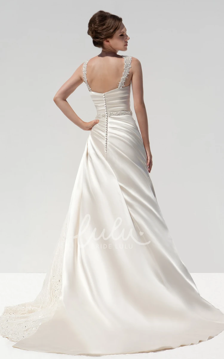 Strapped Beaded Satin A-Line Wedding Dress Sleeveless Long Side Draping