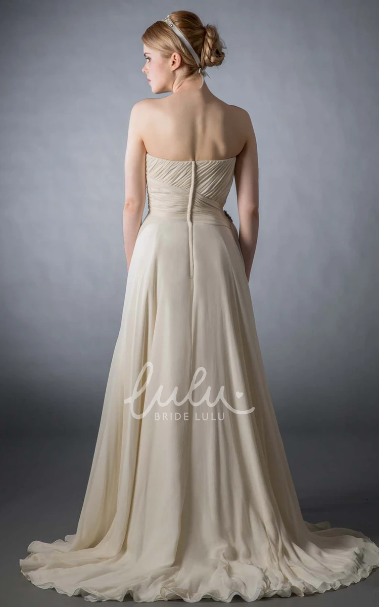 Chiffon Wedding Dress Floor-Length Strapless Ruched Broach Brush Train