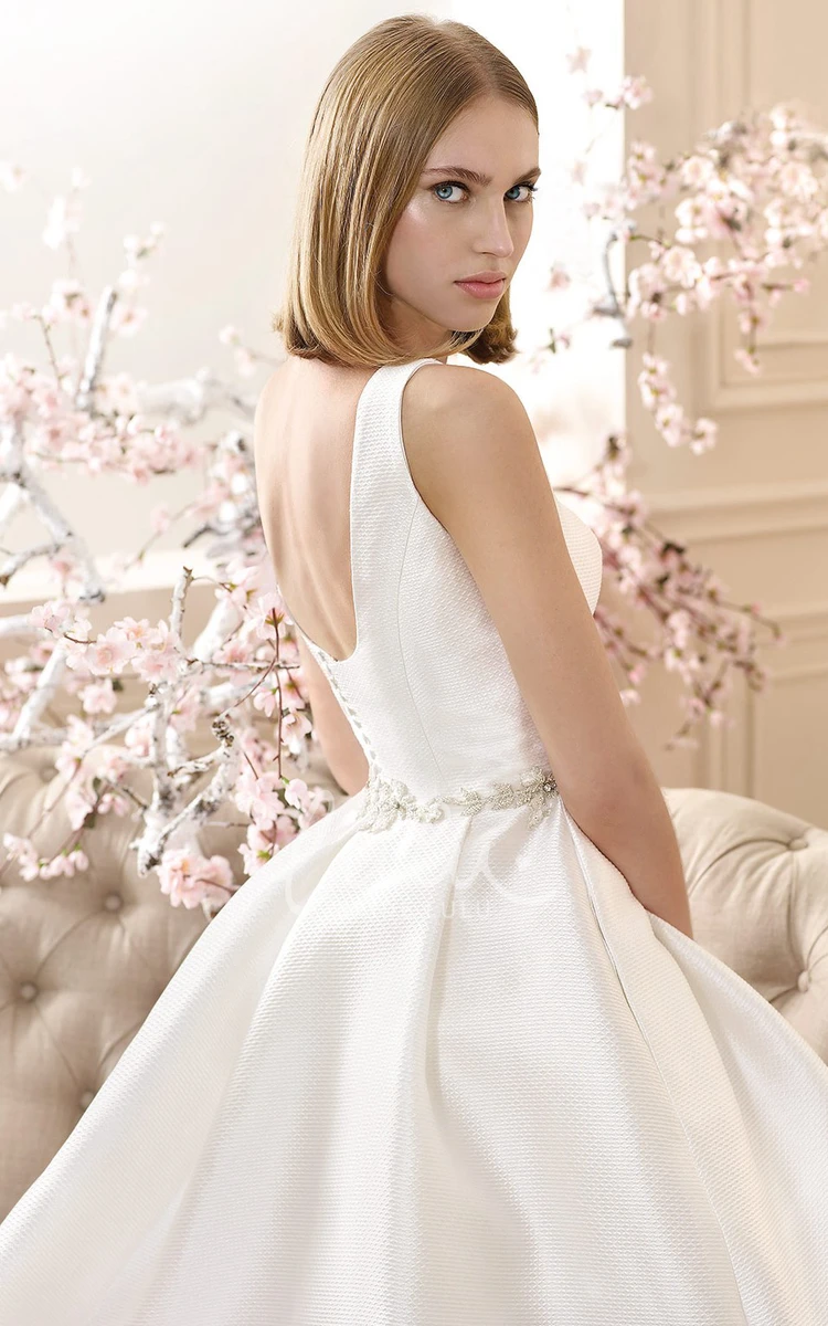 Jeweled Sleeveless Satin A-Line Wedding Dress with Square Neck