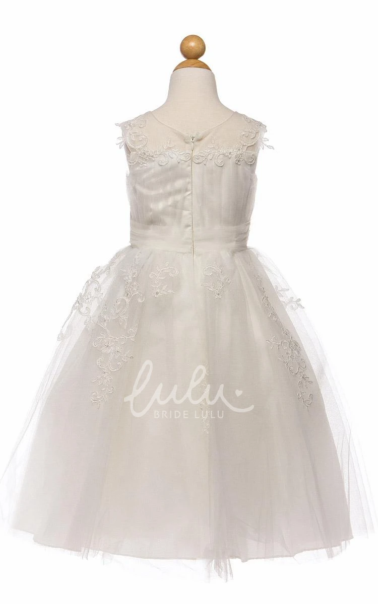 Embroidered Tulle Flower Girl Dress with Split Front Tea-Length