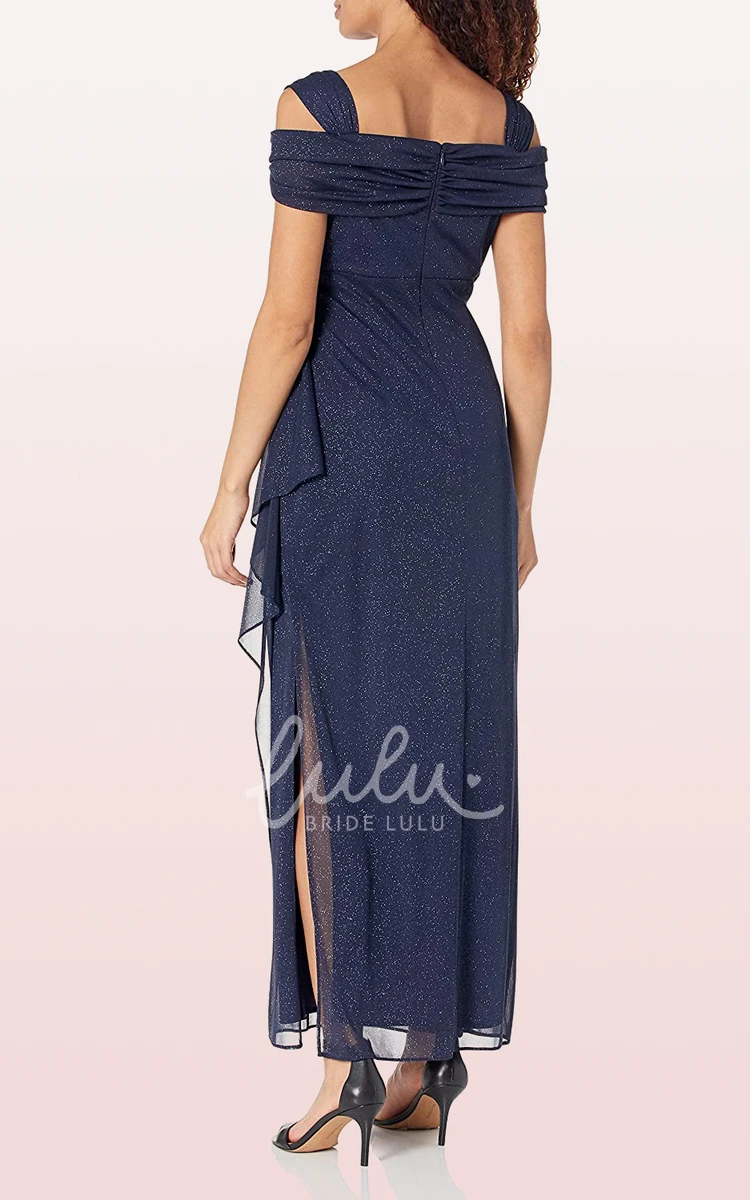 Ankle-length Sequins Off-the-shoulder Mother Dress with Draping and Split Front Elegant Mother Dress