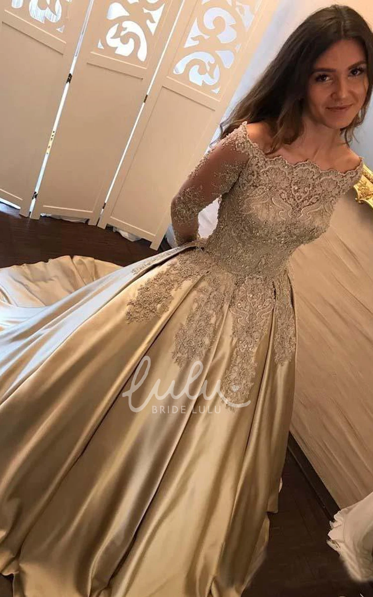 Satin Lace Illusion Ball Gown Formal Dress with Long Sleeves