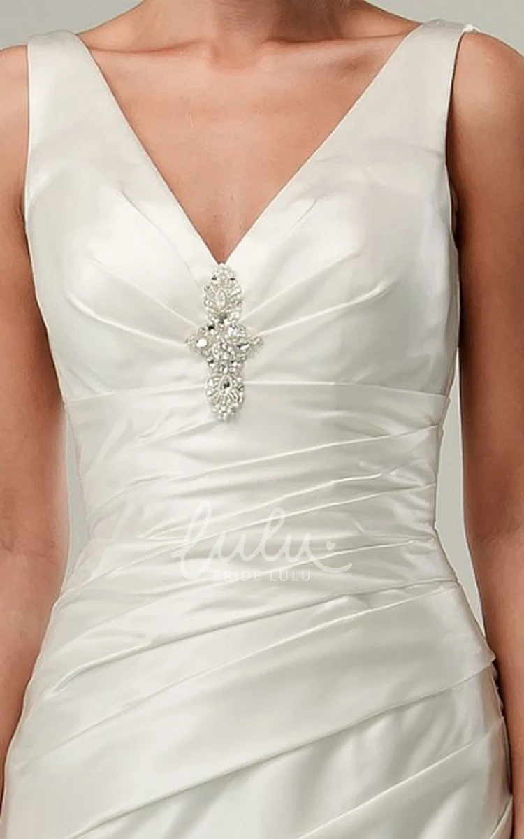 Ruched Sleeveless Satin Wedding Dress with Broach A-Line V-Neck Bridal Gown