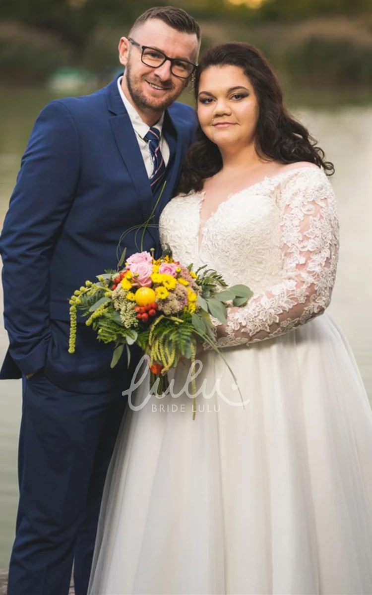 Long Sleeved A Line Lace Wedding Dress with V-neck and Floor-length