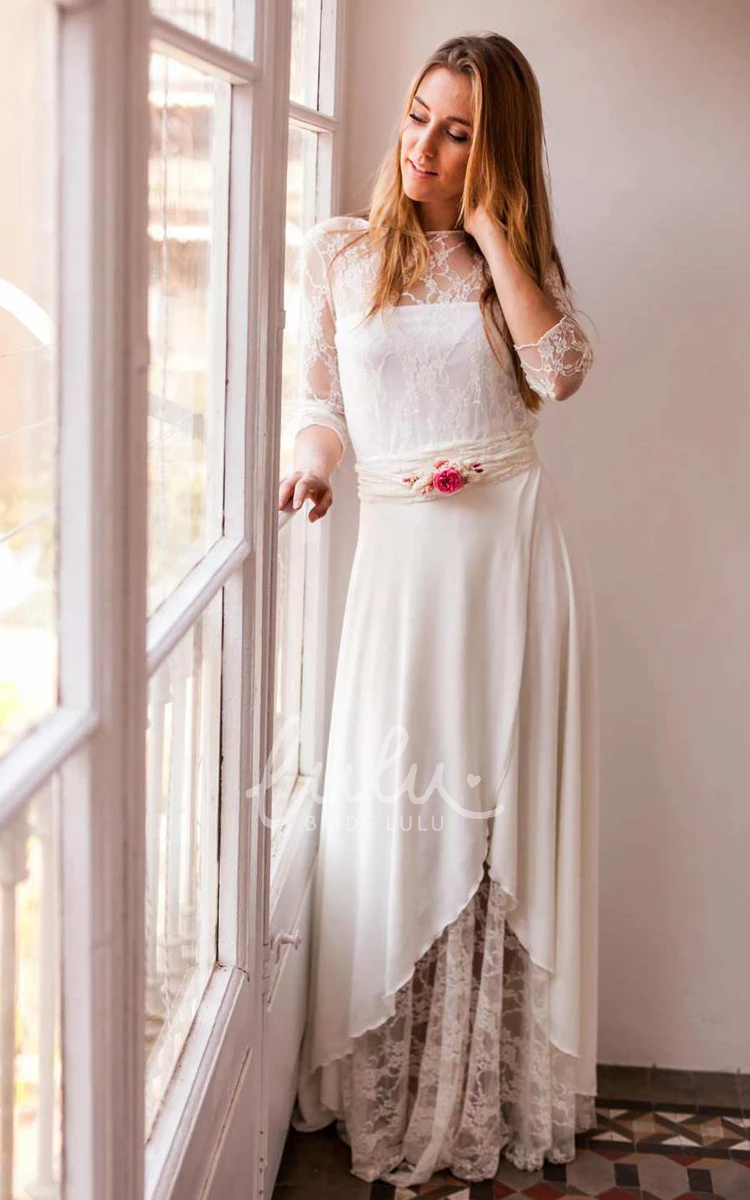 Lace Illusion Wedding Dress with Chiffon Pleated Floor-Length Skirt Bateau Neckline