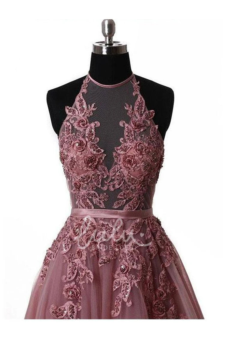 Lace Tulle A-Line Formal Dress with Sweep Train and High Neck