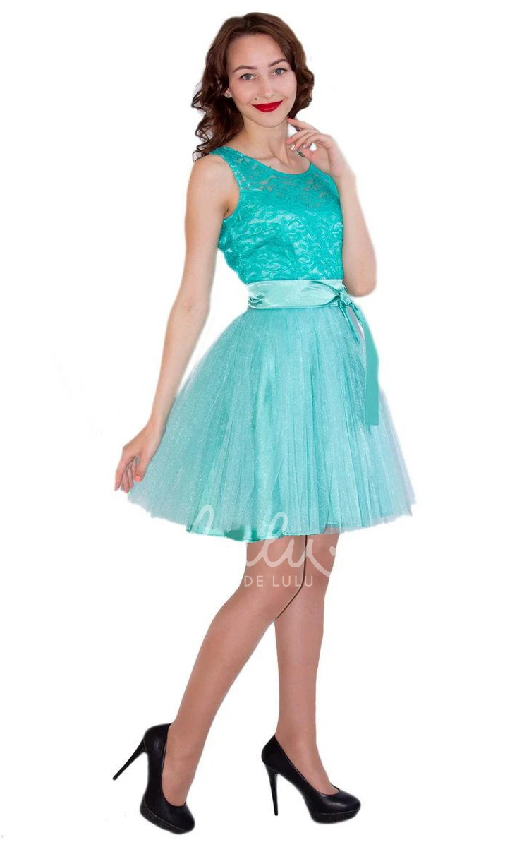 Lace and Tulle Mini Dress with Satin Belt for Bridesmaids